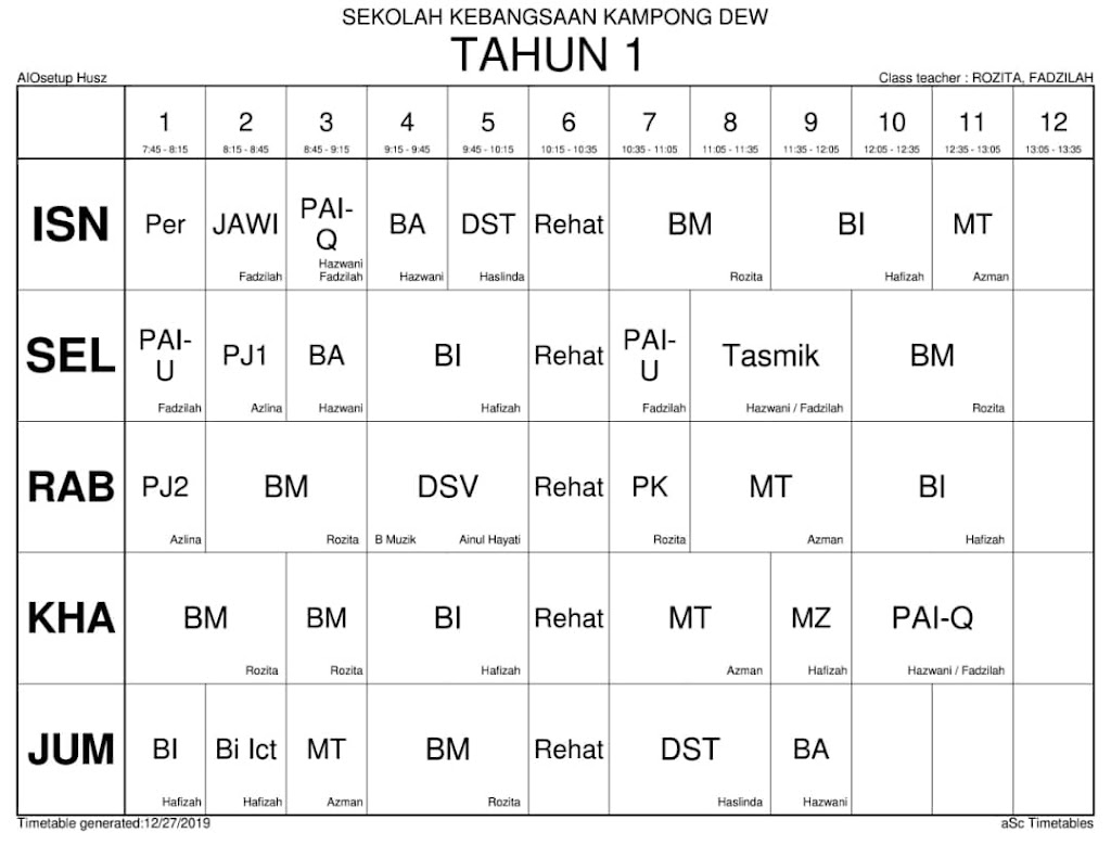 Jadual Waktu Kelas Bagi Tahun 2020