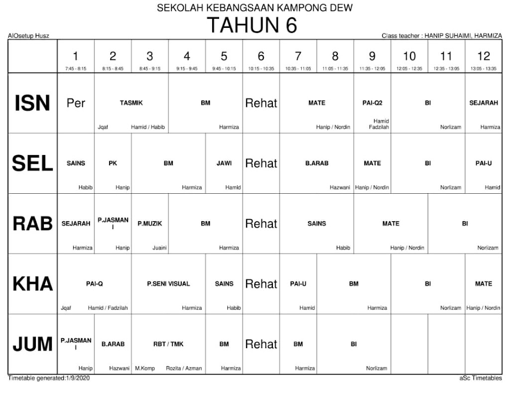 Jadual Waktu Kelas Tahun 2020 (mula 13.1.2020)